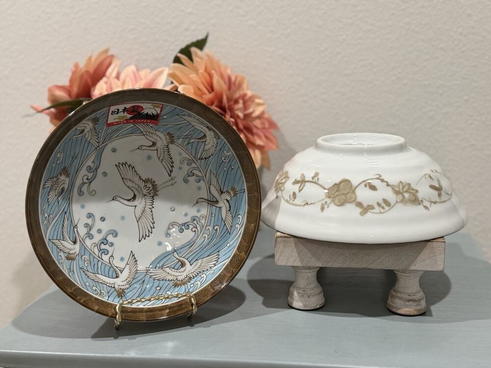 SH Home Japanese Crane Wave Ceramic Bowl Plates Brown Rim Set of 2- 8.5”